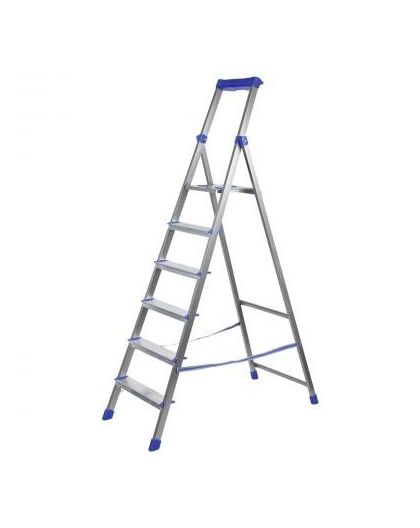 Стремянка комбинированная 6ст. из профильной трубы 40х20мм, с шир. ступенями-алюминий, с лотком для