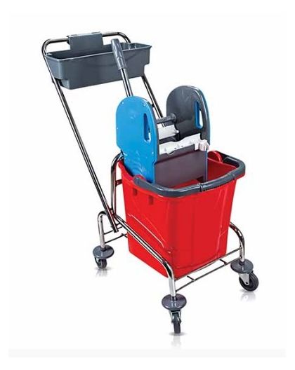 Тележка уборочная 1ведро 25л- пластик, каркас тележки -хром, отжим пластик, доп. пласт. контейнер (90х45х76см)