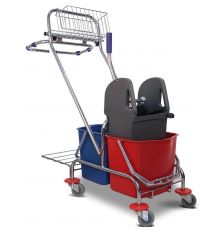 Тележка уборочная 2 ведра по 17л, отжим + корзина + держ. под мусор. мешок, рама метал. хром. (87х42