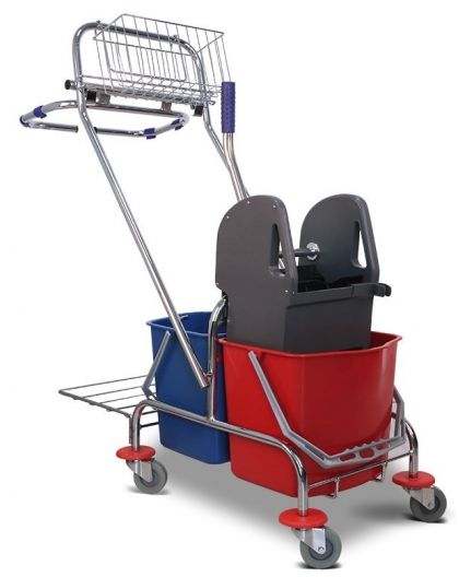 Тележка уборочная 2 ведра по 17л, отжим + корзина + держ. под мусор. мешок, рама метал. хром. (87х42
