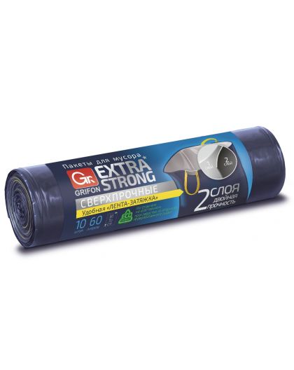 Пакеты для мусора GRIFON двухслойные с завязками особо прочные, 60л 60х70см, 10шт. в рул (30мкм, син