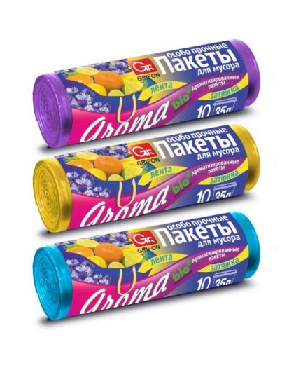 Пакеты для мусора GRIFON Bio с завязками особо прочные АРОМА микс, 30л 53х56см, 15шт. в рулоне (12мк