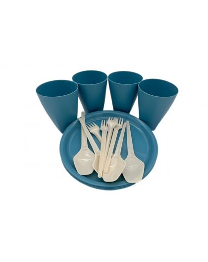 Набор для пикника на 4 персоны сине-серый(тарелка D210 4шт, стакан  400мл. 4 шт, ложка 4 шт, вилка