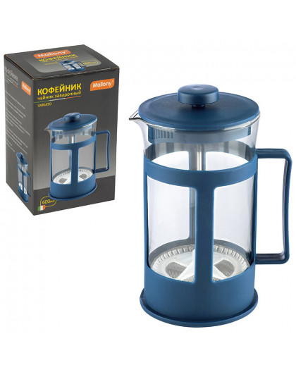 Чайник/кофейник (кофе-пресс) VARIATO, 600 мл, из жаропрочного стекла в пласт корпусе, цвет-синий