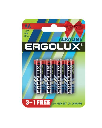 Батарейки Ergolux LR6 Alkaline BL-3+1 (LR6 BL3+1, пальчиковая батарейка АА, 1.5В)