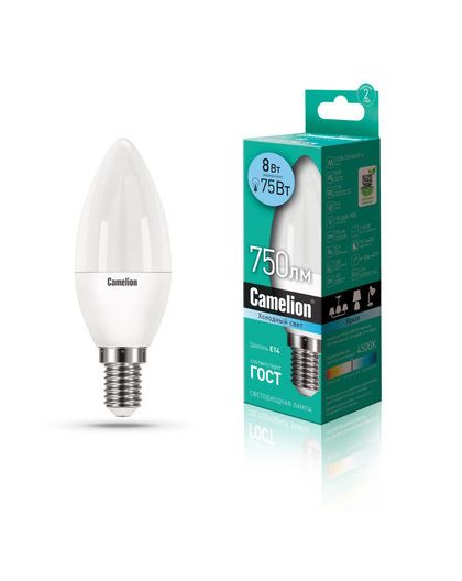Лампа светодиодная Camelion LED8-C35/845/E14 (Свеча 8Вт(75Вт) E14 4500K 175-265В)