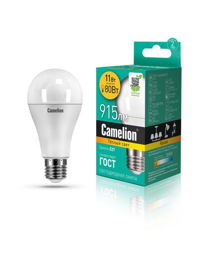Лампа светодиодная Camelion LED11-A60/830/E27 (Лон 11Вт(80Вт) E27 3000K 170-265В)