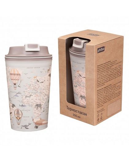 Термостакан с клапаном с декором КАРТА 350мл в подар.кор. (Светло-бежевый)