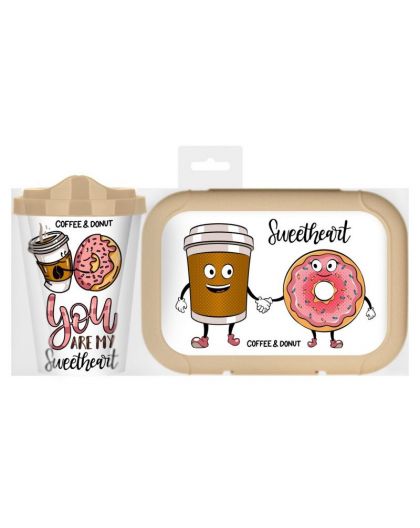 Набор: стакан IZI-GO с крышкой 420мл с декором + ланч-бокс 0,85л с декором (бежевый)