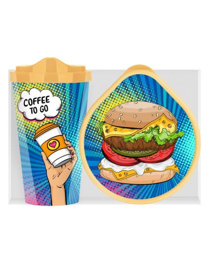 Набор: стакан IZI-GO с крышкой 550мл с декором + контейнер для хранения 0,4л с декором(бл.-желтый)