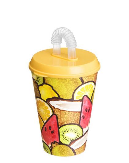 Стакан с крышкой и трубочкой 420мл с декором (желтый)