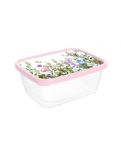 Контейнер для продуктов прямоугольный 0,85л с декором Цветущий луг (светло-розовый)