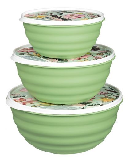 Комплект мисок Latina 3 шт. (1,1л+2,1л+3,2л) с крышками с декором (зеленый)