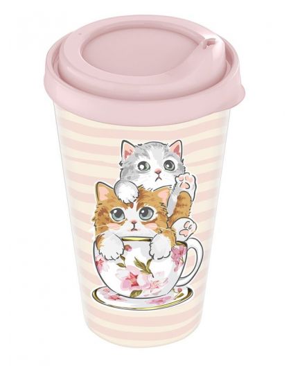 Стакан с крышкой 420мл с декором sweet cats (розовый)