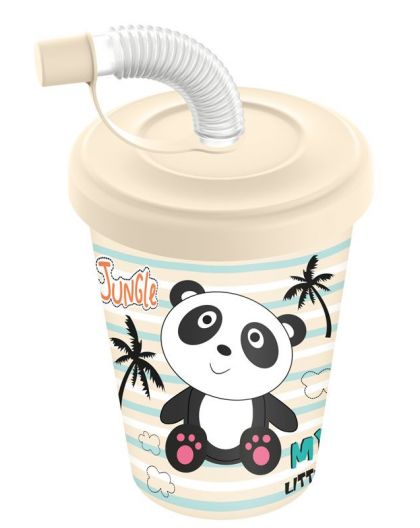 Стакан детский с крышкой, трубочкой и колпачком 280мл с декором Панда (светло-бежевый)