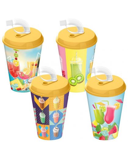 Стакан с крышкой 420мл с декором Коктейль с трубочкой c колпачком (желтый)