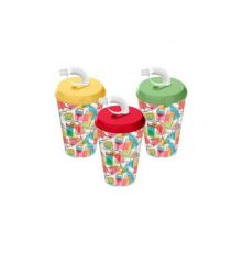 Стакан с крышкой 420мл с декором Вкус праздника с трубочкой c колпачком (микс)