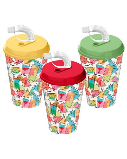 Стакан с крышкой 420мл с декором Вкус праздника с трубочкой c колпачком (микс)