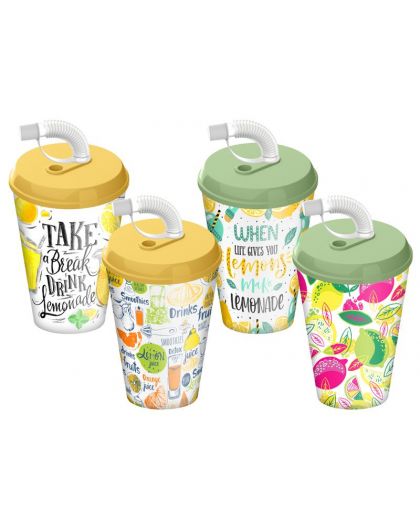 Стакан с крышкой 420мл с декором Пикник с трубочкой c колпачком (микс)