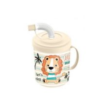 Кружка детская с крышкой, трубочкой и колпачком 300мл с декором Львенок (светло-бежевый)