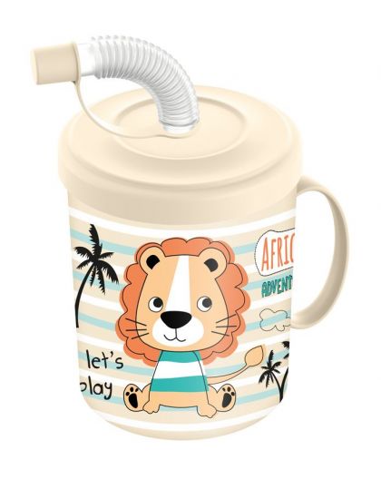 Кружка детская с крышкой, трубочкой и колпачком 300мл с декором Львенок (светло-бежевый)