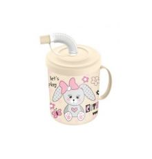Кружка детская с крышкой, трубочкой и колпачком 300мл с декором Зайка (светло-бежевый)