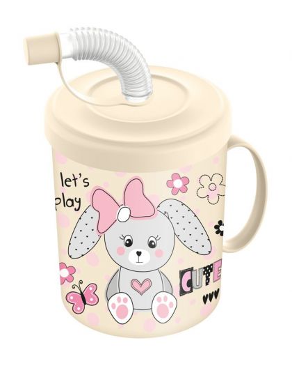 Кружка детская с крышкой, трубочкой и колпачком 300мл с декором Зайка (светло-бежевый)