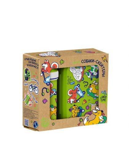 Набор: Ланч-бокс 0,98л + Стакан детский с крышкой,петлей и декором 0,4л (Зеленый-Белый)