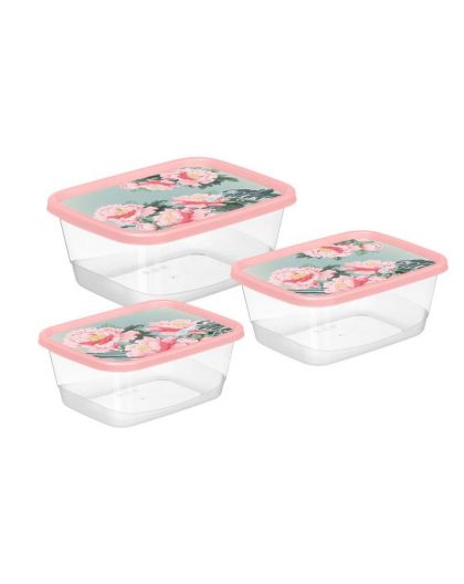 Комплект контейнеров для продуктов прямоугольных 3 шт. (0,5л+0,85л+1,5л) с декором Сад пионов