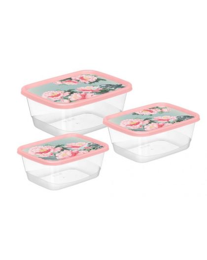 Комплект контейнеров для продуктов прямоугольных 3 шт. (0,5л+0,85л+1,5л) с декором Сад пионов