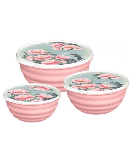 Комплект мисок Latina 3 шт. (1,1л+2,1л+3,2л) с крышками с декором Сад пионов (розовый)