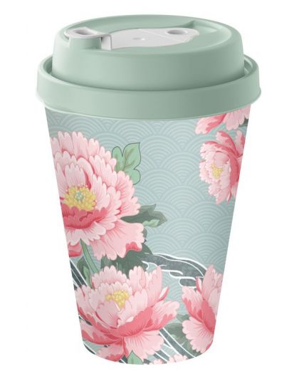 Стакан с крышкой 420мл с декором с клапаном Сад пионов (микс)