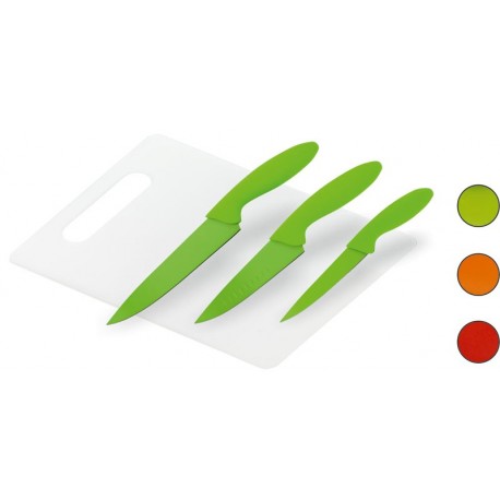 Набор ножей (4 предмета), нержавеющая сталь, поварской (20см), универсальный (15см), для очистки (12,5см), пластиковая доска
